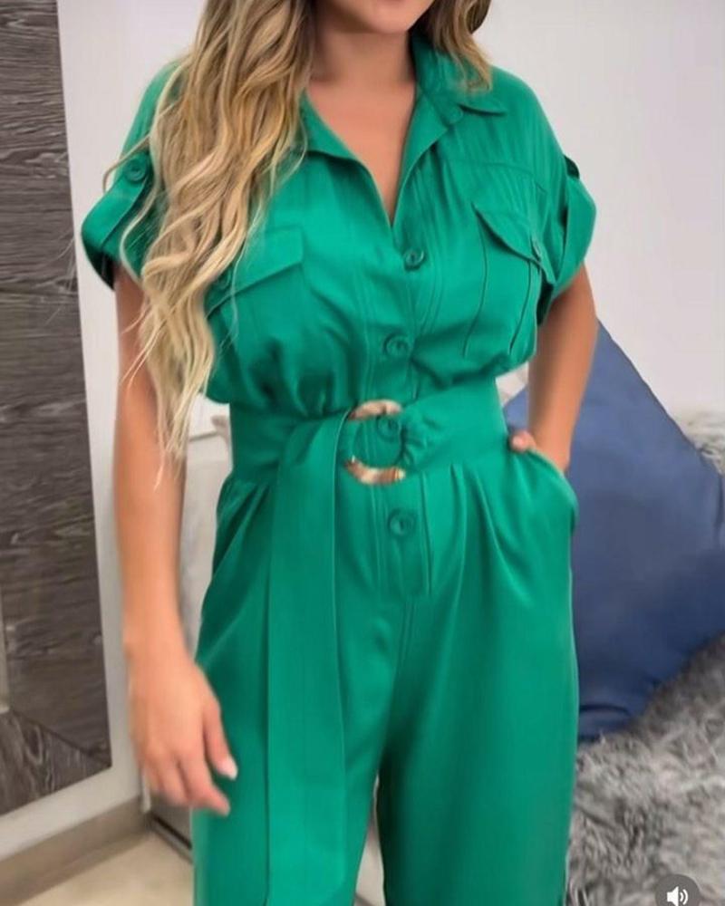 Lapel Fashion Solid Color Waist Jumpsuit