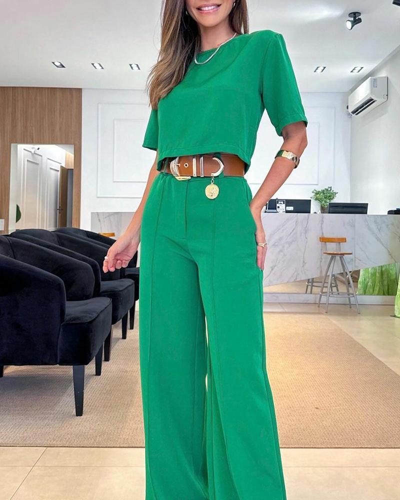 Round neck short-sleeved top & trousers solid color two-piece set