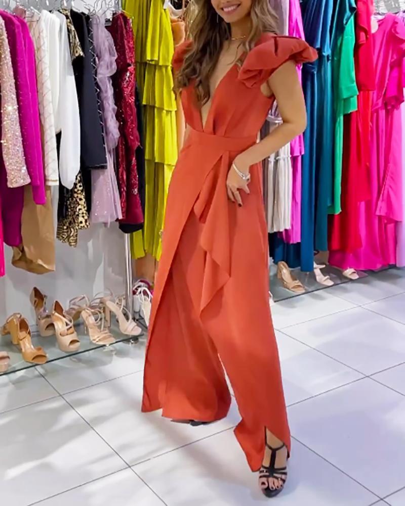 Solid color deep V open back slit jumpsuit