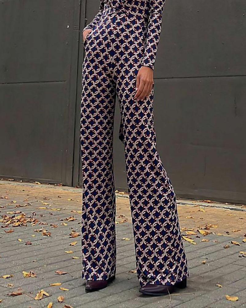 V-neck long-sleeved high-waist printed jumpsuit