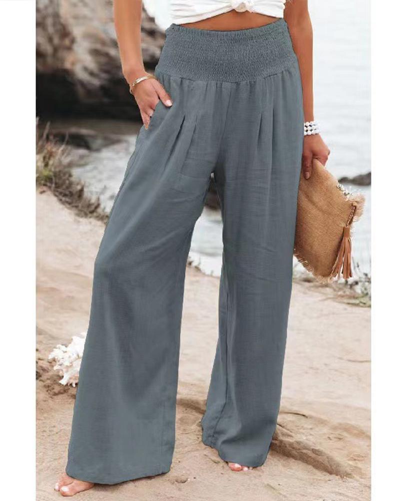 Casual Solid Cotton Linen Wide Leg Pants