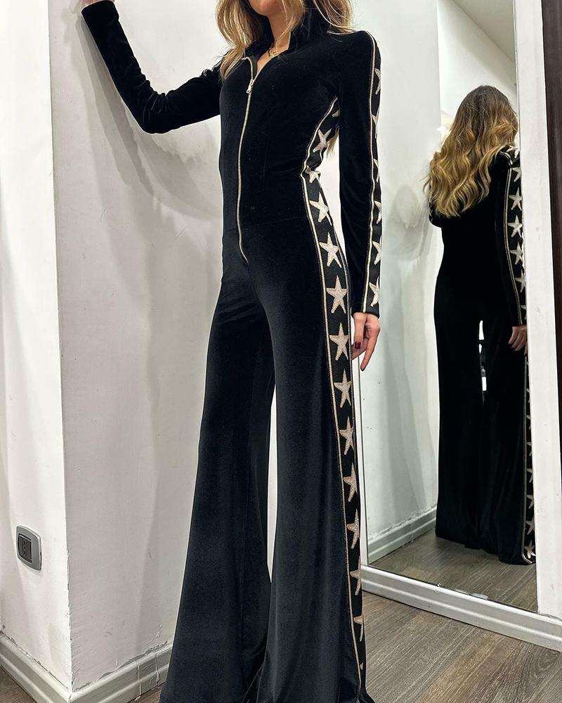 Long-sleeved velvet jumpsuit with zipper