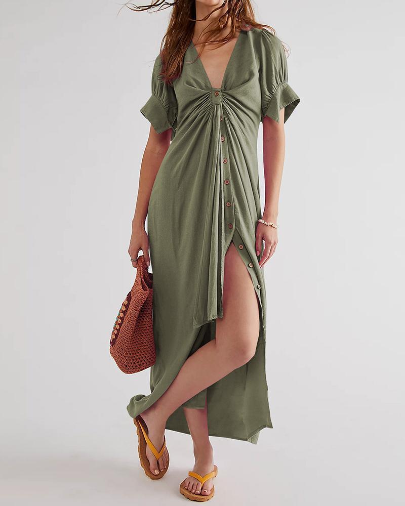 Solid color casual V-neck dress