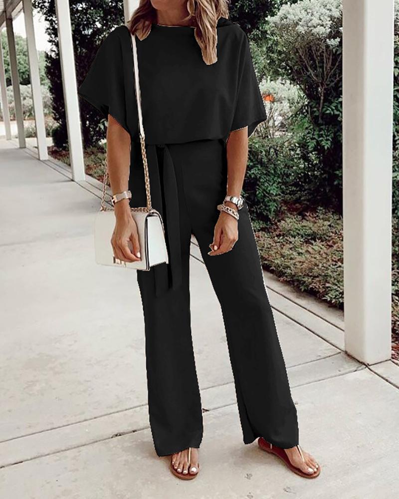 Solid color short-sleeved lace-up jumpsuit