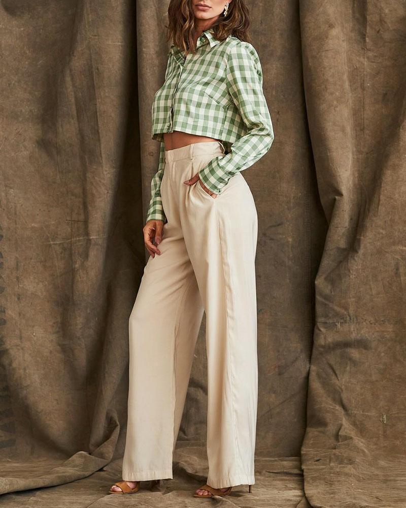 Two-piece suit of cropped plaid shirt & straight-leg pants