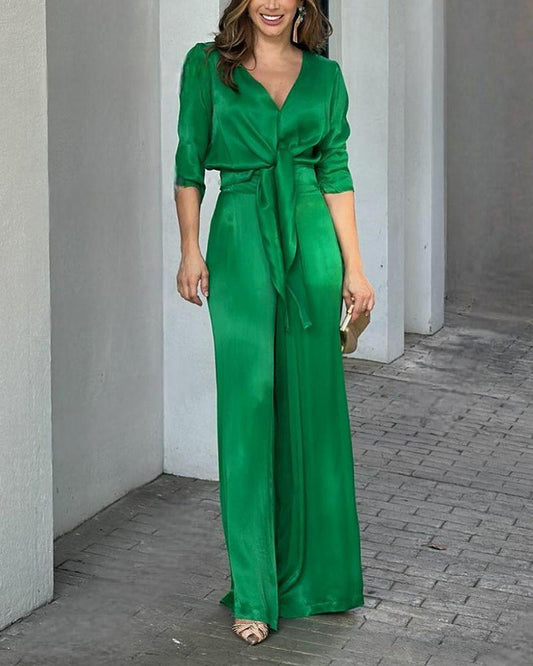 Solid color two-piece suit of shirt & high waist wide leg pants