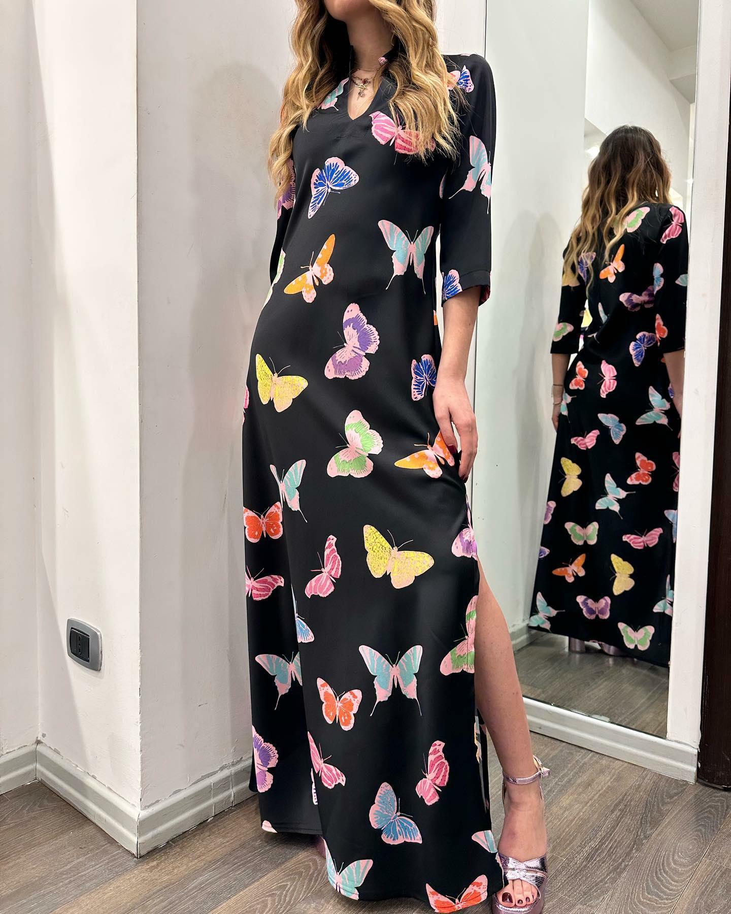 Elegant V Neck Long Sleeve Butterfly Dress