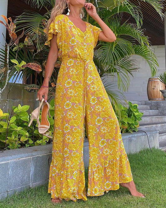 Casual Sleek Wide Leg Floral Jumpsuit