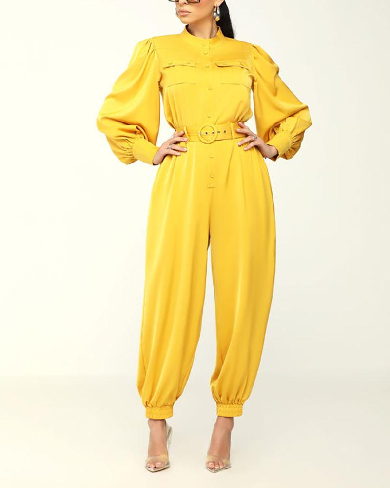 Solid color long sleeve lantern jumpsuit