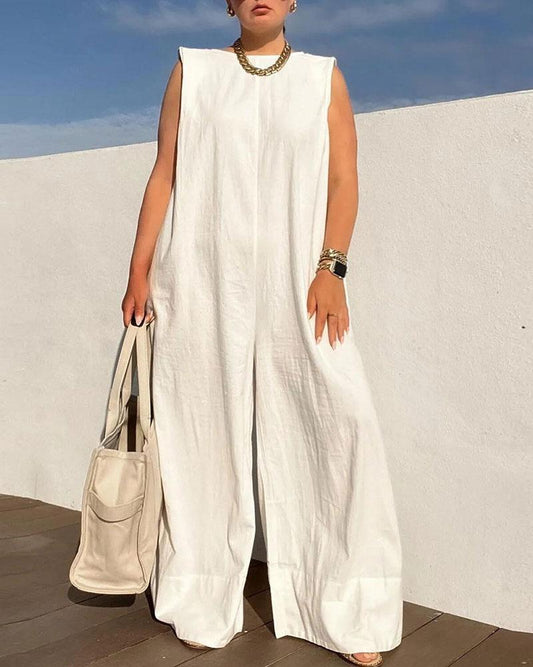 Solid color loose wide-leg jumpsuit