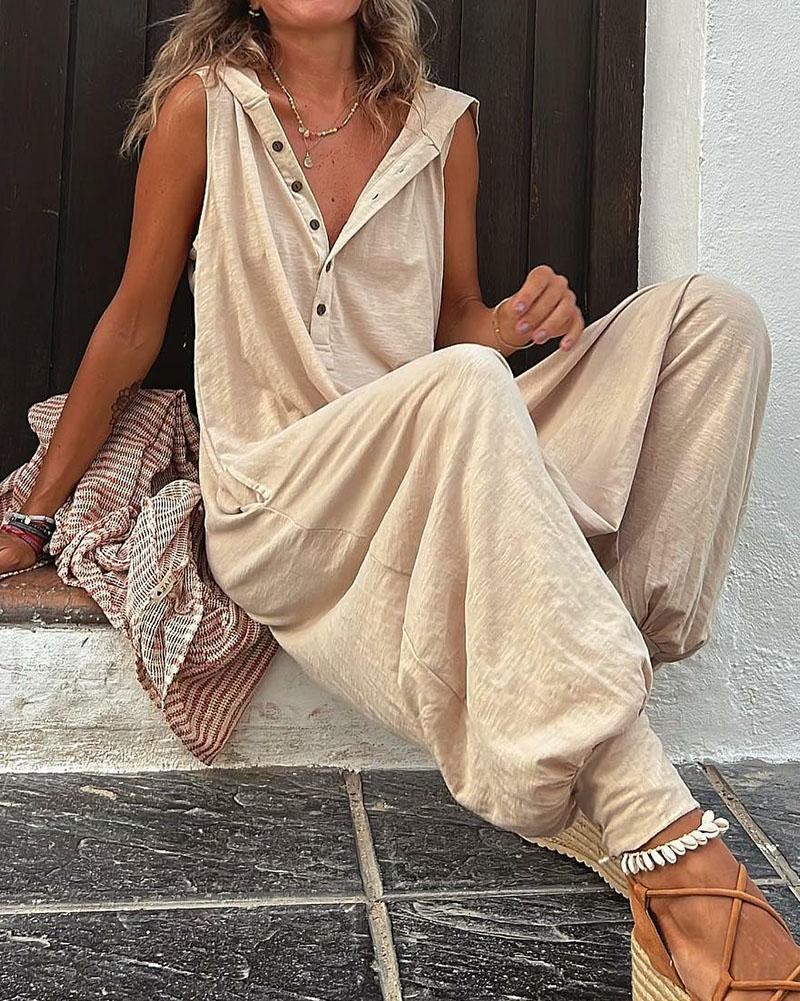 Casual sleeveless hooded jumpsuit