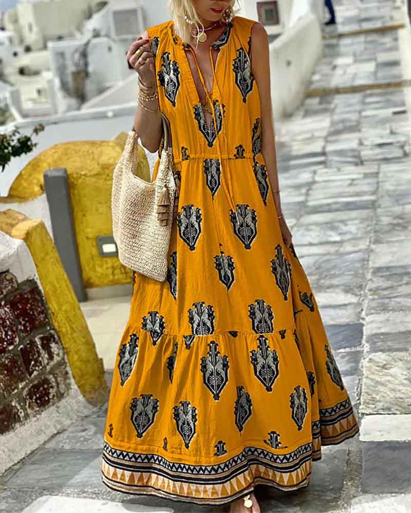 Casual sleeveless boho print dress