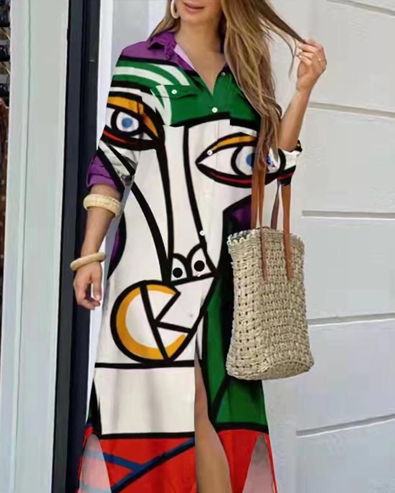 Long Sleeved Abstract Face Print Lined Dress