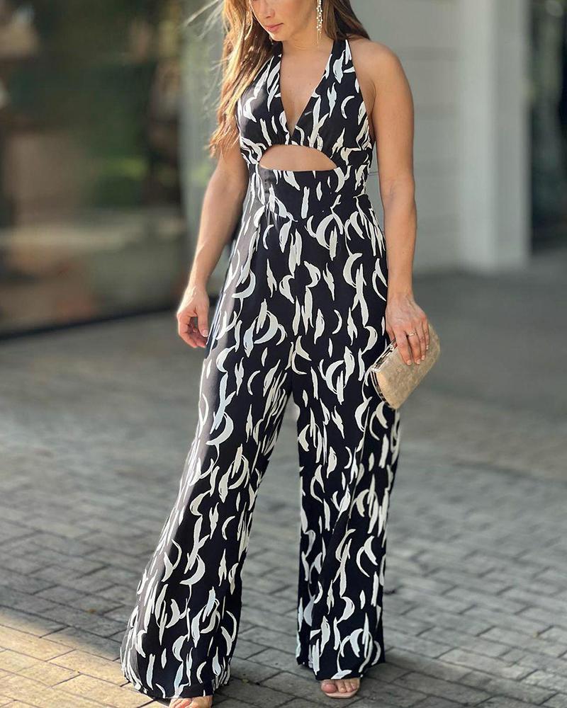 Halterneck cutout backless printed jumpsuit