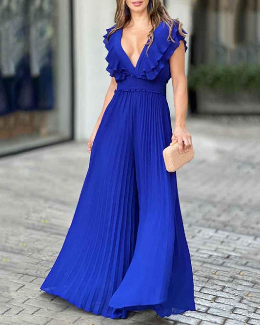 Sleeveless Deep V Ruffled High Waist Pleated Wide Leg Jumpsuit