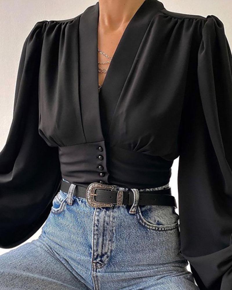 V-neck puff-sleeve top shirt