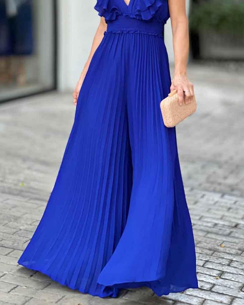 Sleeveless Deep V Ruffled High Waist Pleated Wide Leg Jumpsuit