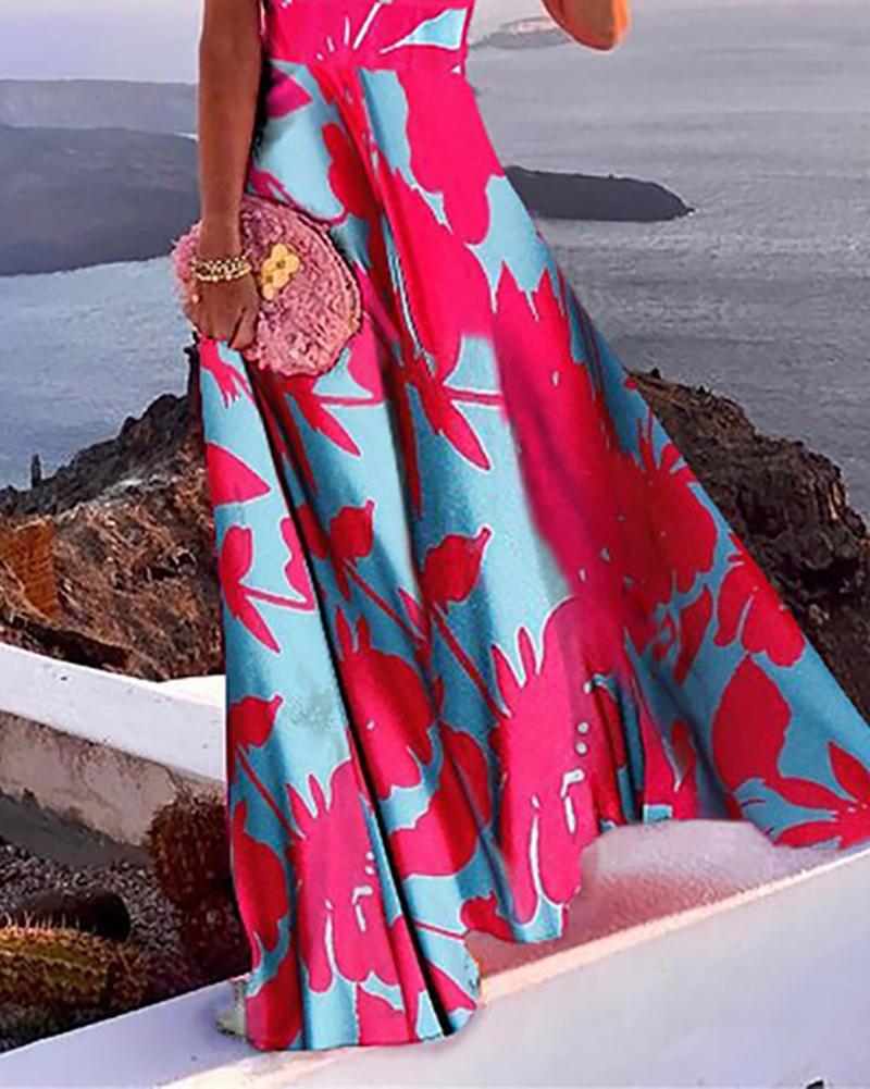 Deep V sleeveless maxi print dress