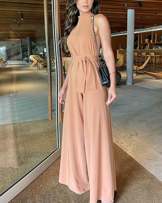 Solid Color Sleeveless High Waist Jumpsuit