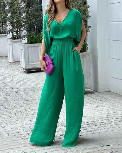 Solid color V-neck backless lace-up jumpsuit