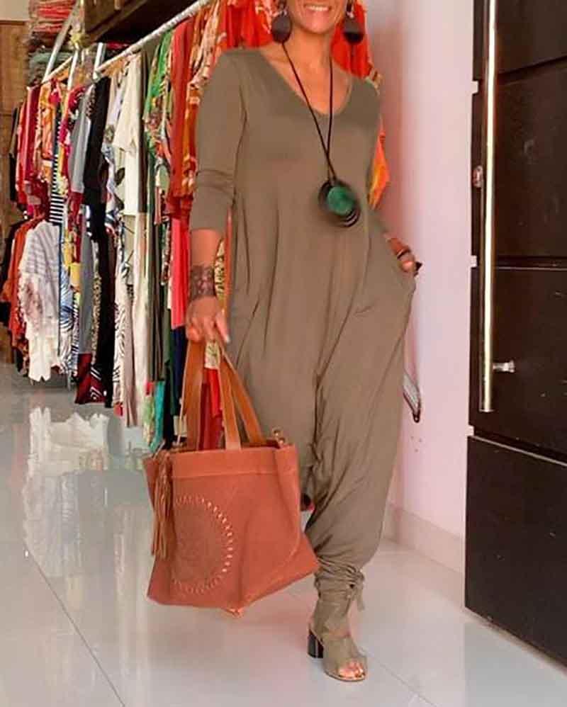 Solid V-Neck Long Sleeve Jumpsuit