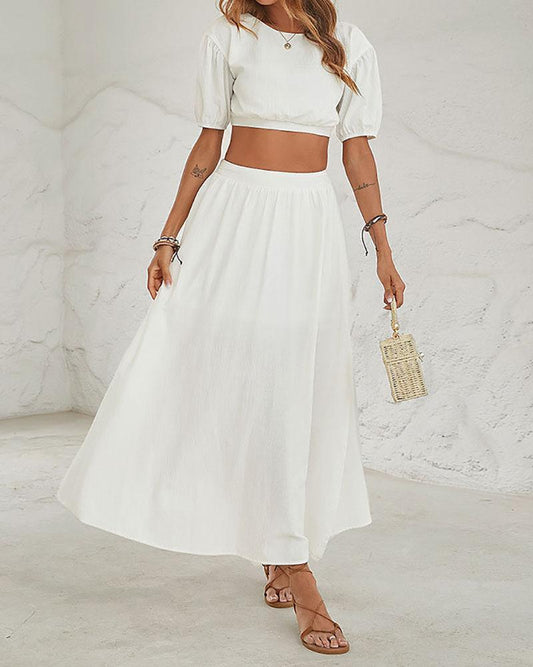 Solid Color Short Sleeve Cropped Top and Skirt Two-Piece Set