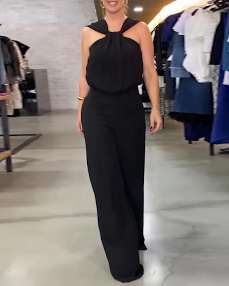 Solid color halter neck high waist jumpsuit