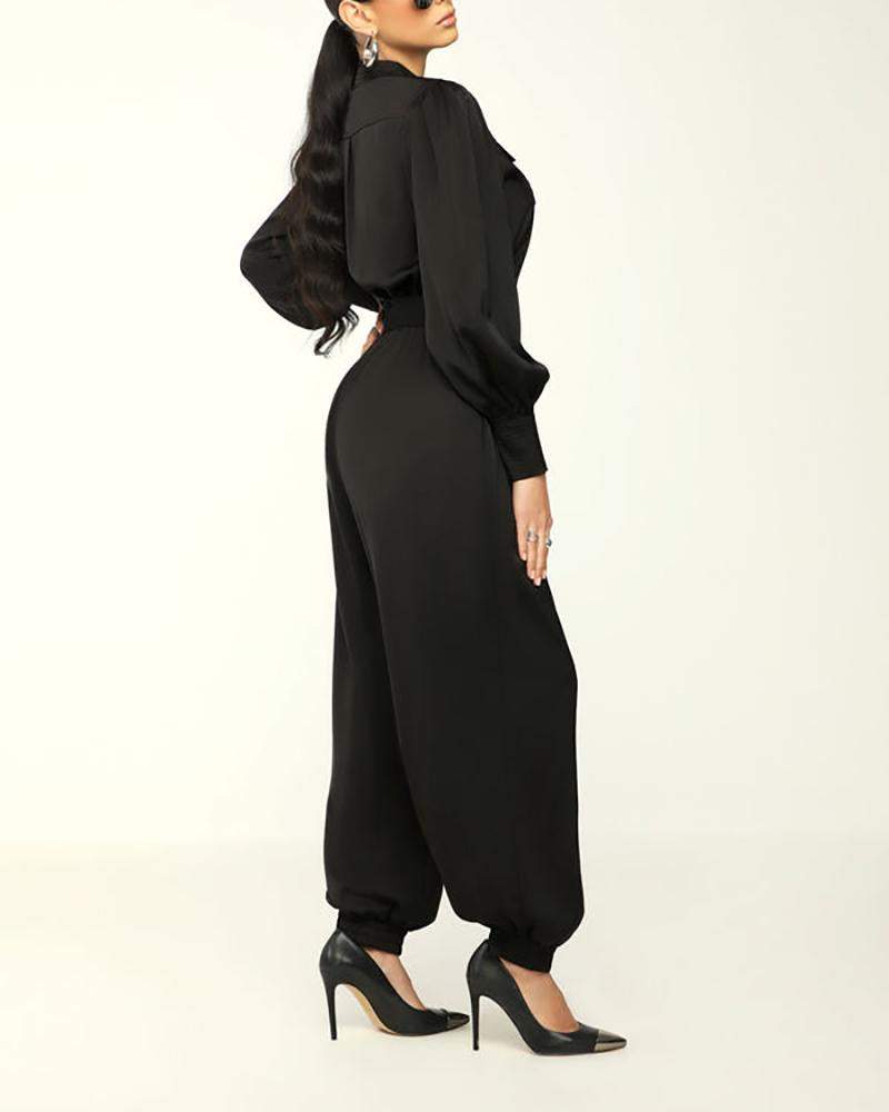 Solid color long sleeve lantern jumpsuit