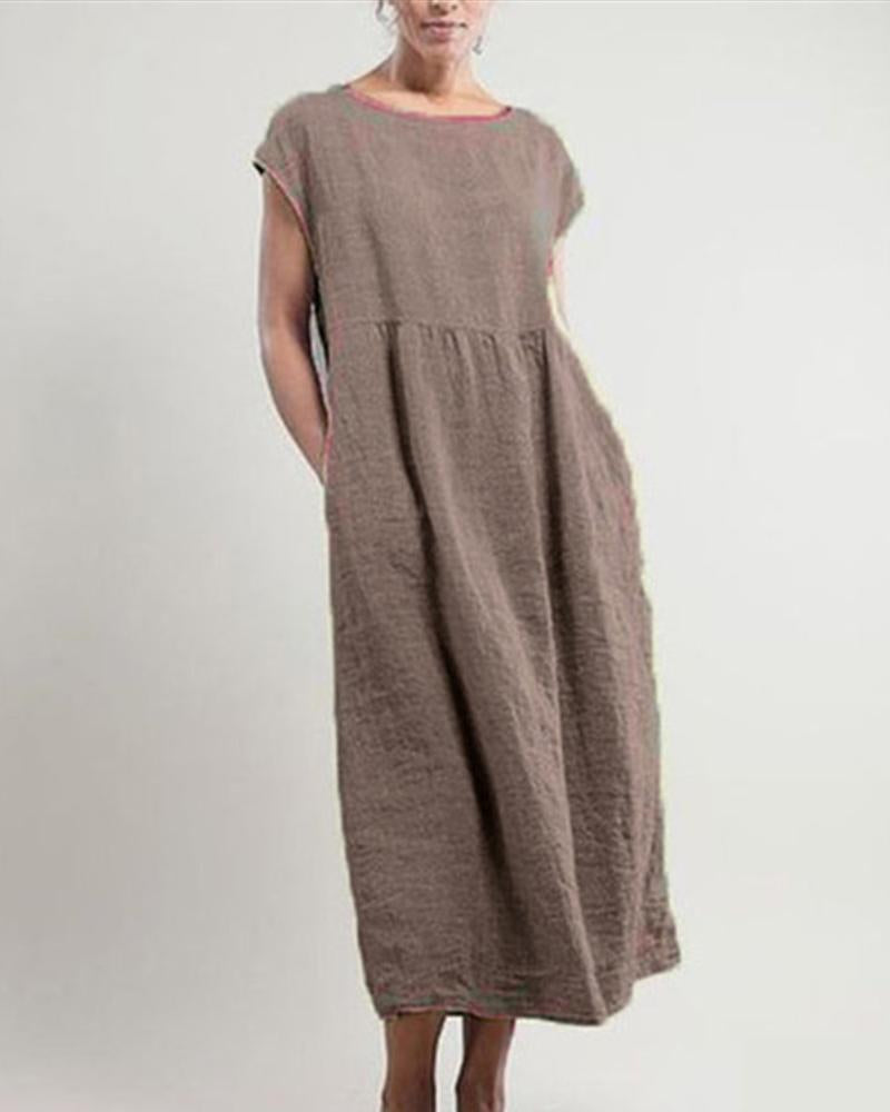 Solid Color Sleeveless Loose Cotton Linen Pocket Dress