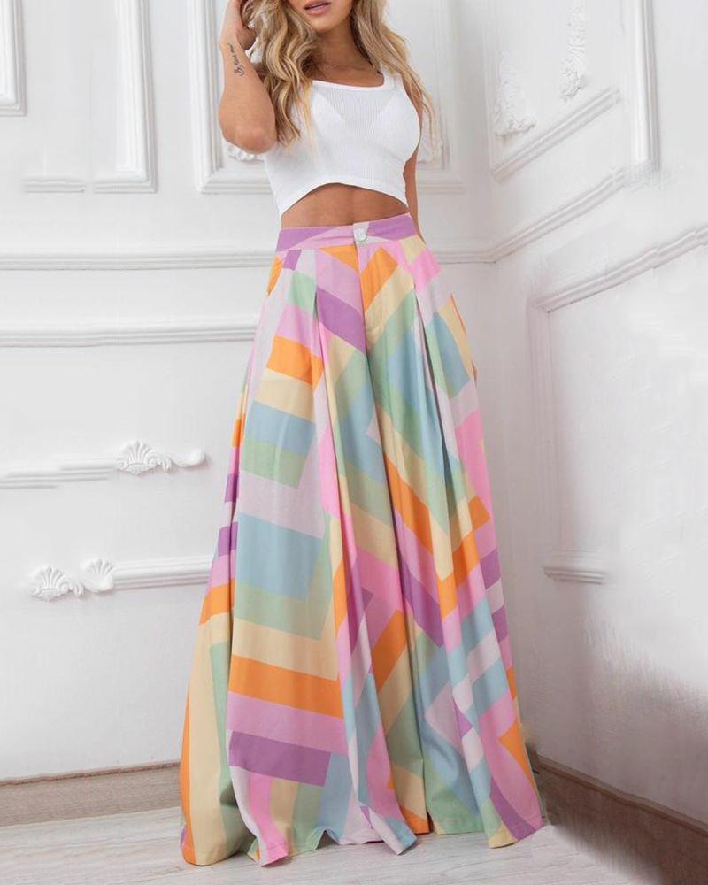 Casual Solid Color One Shoulder Top & Printed Wide Leg Pants Two Piece Set