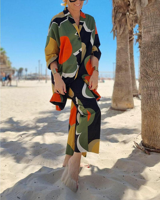 Fancy colorblock floral print two-piece suit