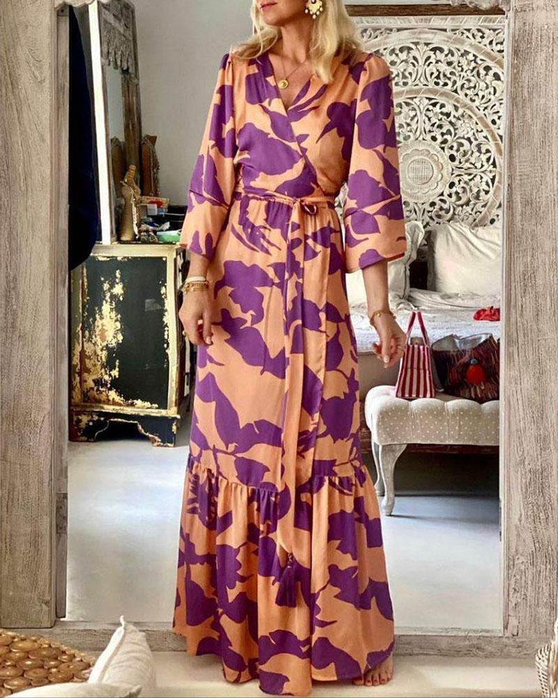 Elegant V-neck long-sleeve printed dress