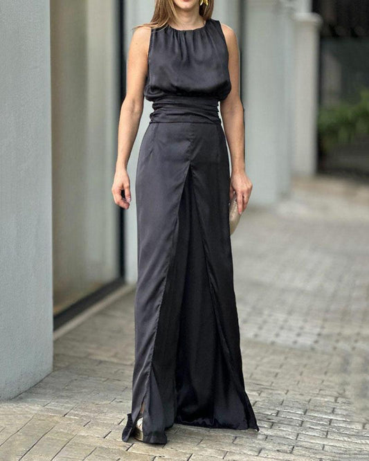 Round neck sleeveless high waist jumpsuit