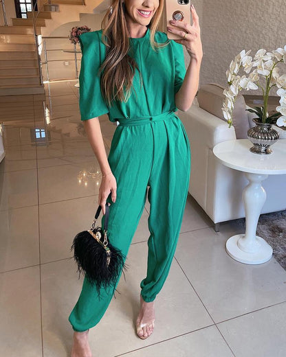 Solid Color Round Neck Medium Sleeve Tapered Jumpsuit