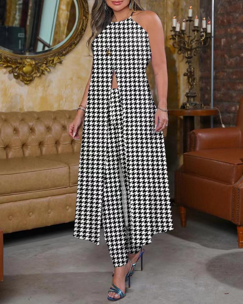 Halter Neck Sleeveless Houndstooth Suit