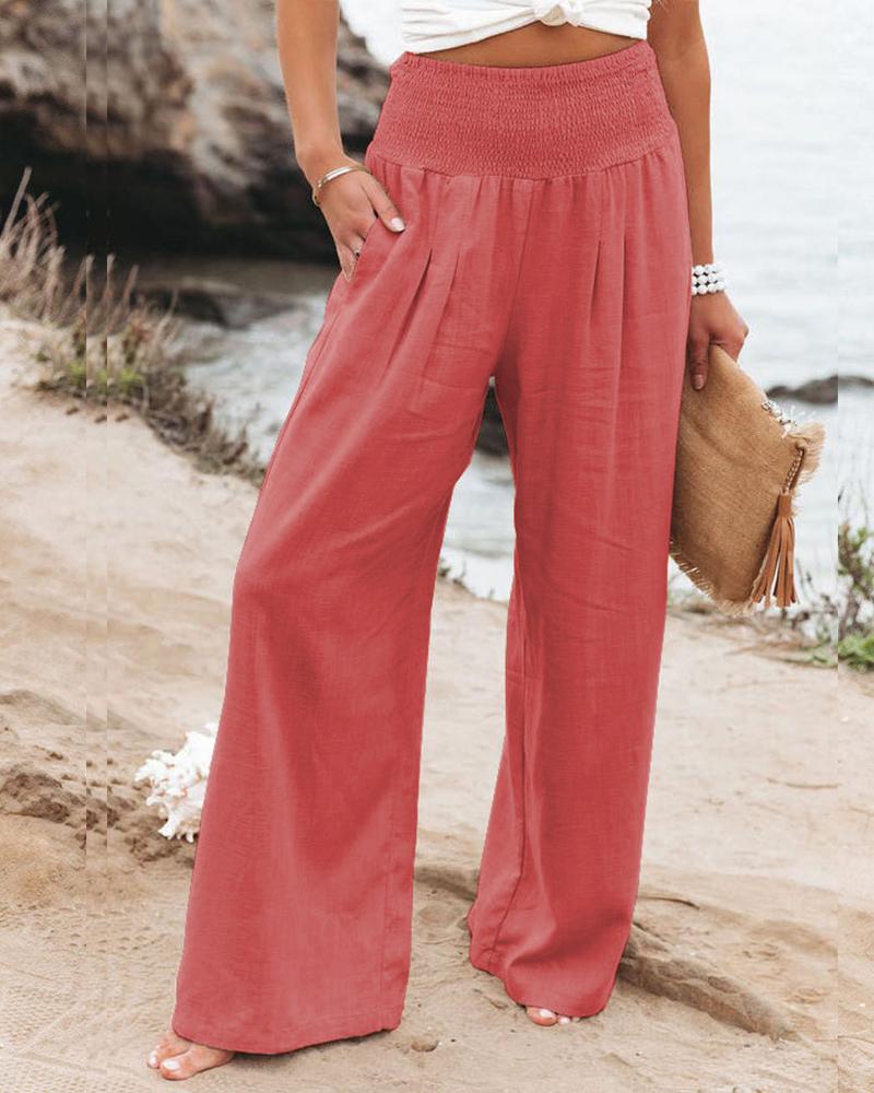 Casual Solid Cotton Linen Wide Leg Pants