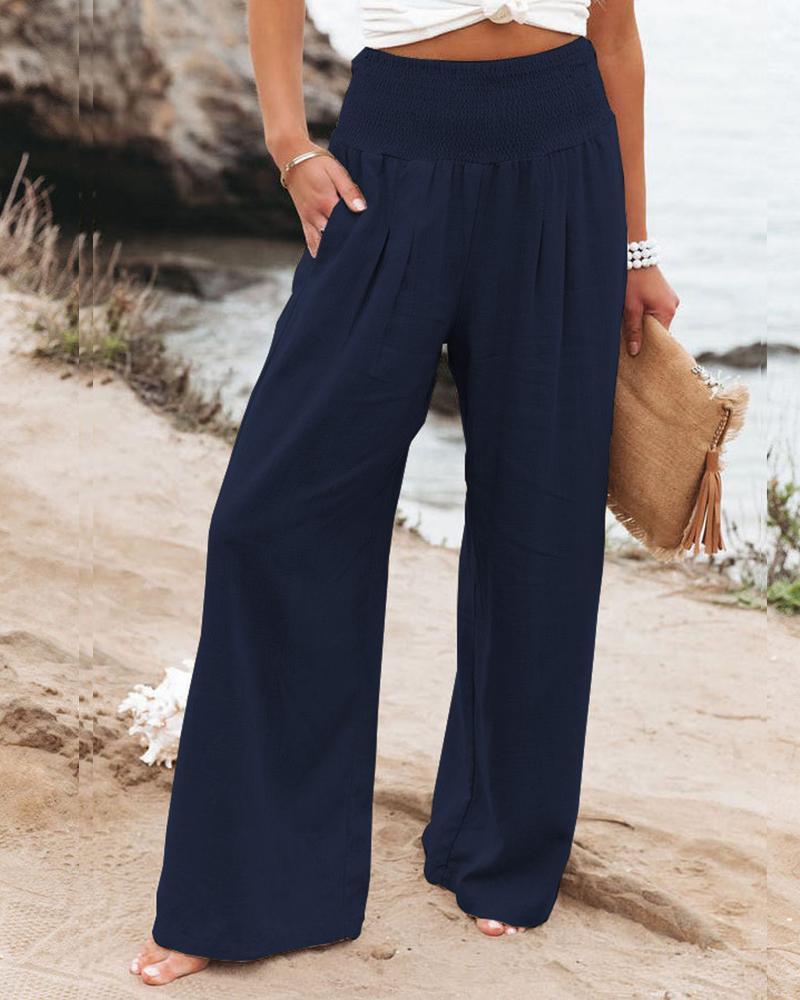 Casual Solid Cotton Linen Wide Leg Pants