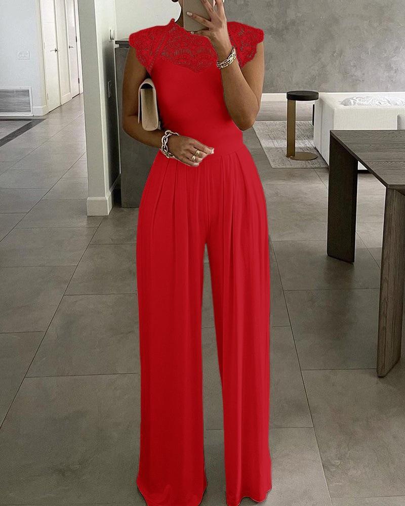 Solid color sleeveless lace jumpsuit