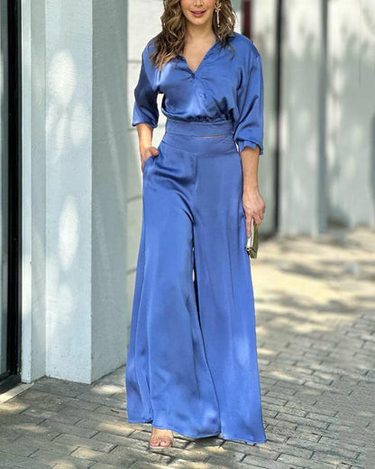 Solid color two-piece suit of cropped shirt & high-waisted wide-leg pants