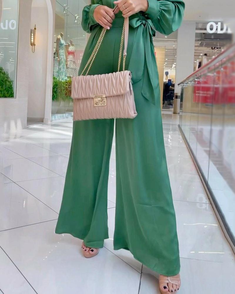 Stylish V-neck long-sleeved lace-up jumpsuit