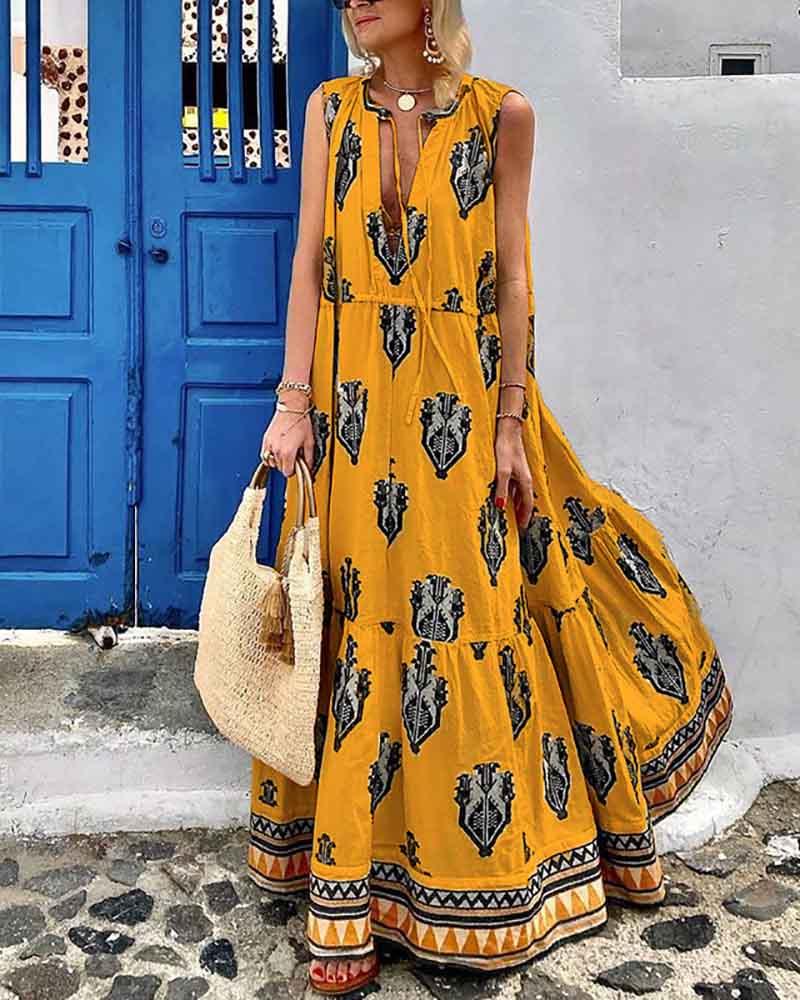 Casual sleeveless boho print dress