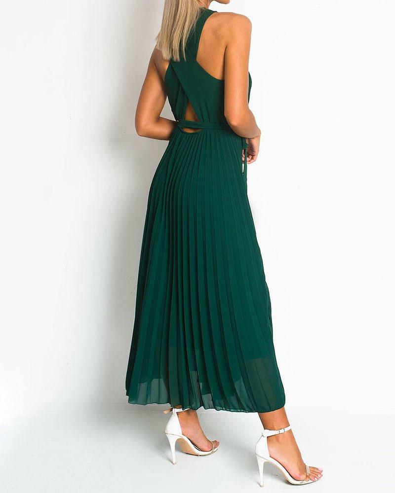 Solid Neck Pleated Dress