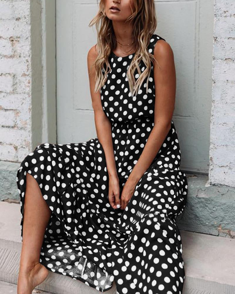 Versatile Printed Polka Dot Round Neck Dress