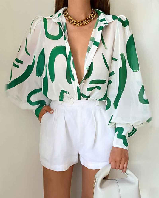 Puff Sleeve Lapel Long Sleeve Printed Shirt