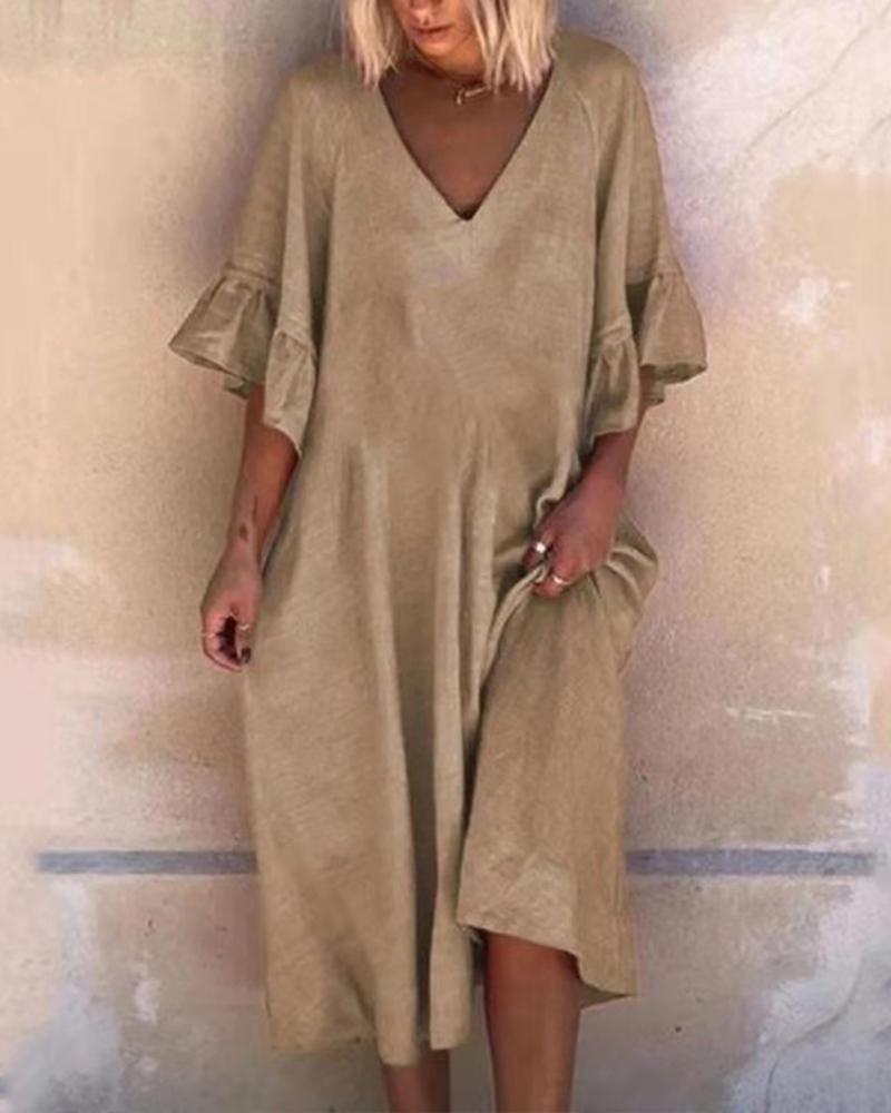 Solid V-neck Patchwork Loose Dress