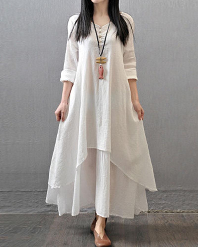 Loose Long Sleeved Cotton Linen Dress