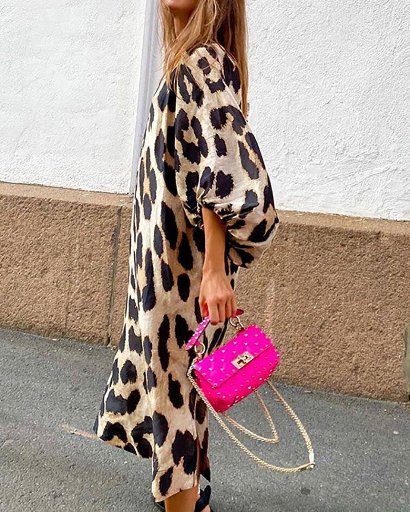 Stylish Balloon Sleeve Leopard Dress