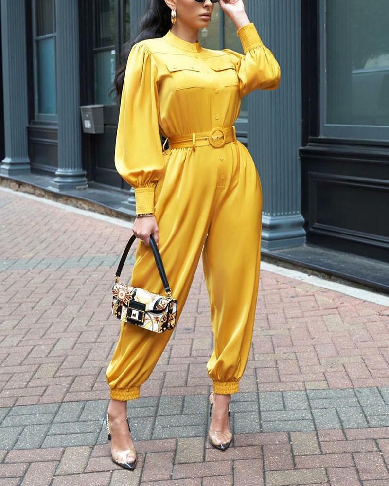 Solid color long sleeve lantern jumpsuit