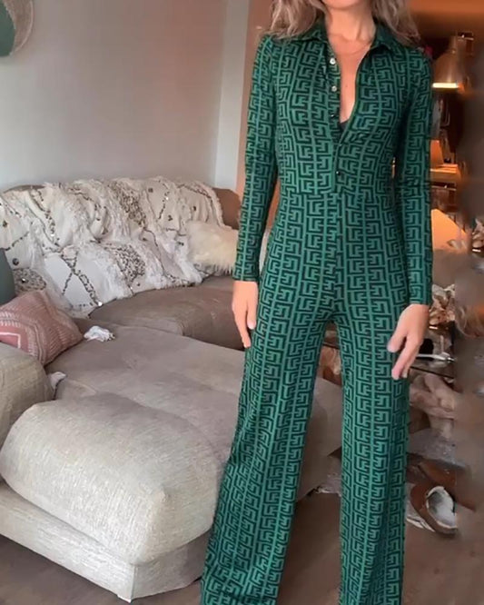 Casual Lapel Long Sleeve Jumpsuit