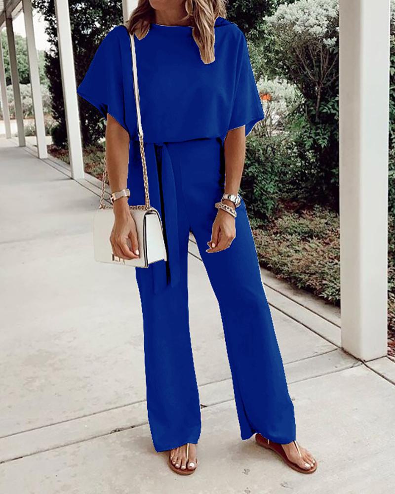 Solid color short-sleeved lace-up jumpsuit